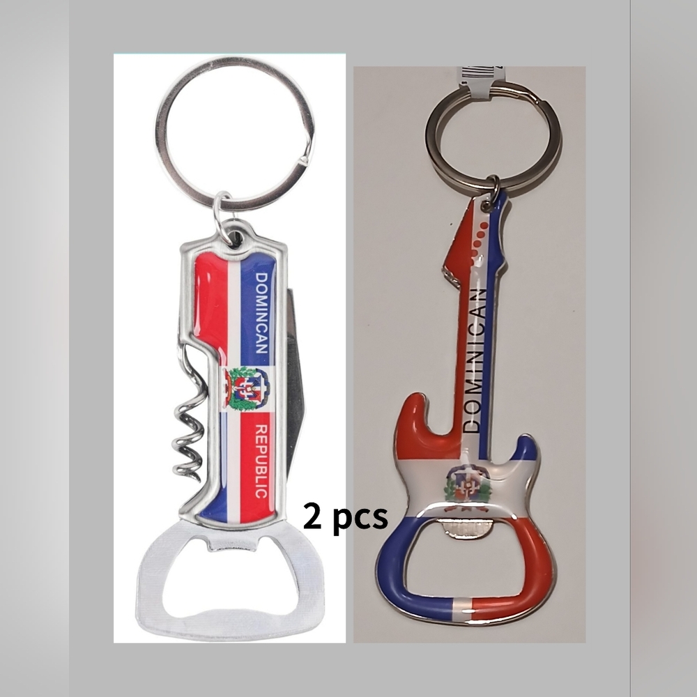 Multifunctional BottleOpener  Corkscrew Keyring & Guitar Keychain Dominican 2pcs